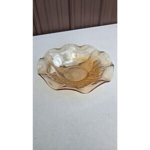 Vintage Amber Glass Iris Herringbone Bowl Butterfly Motif Scalloped Ruffled Rim